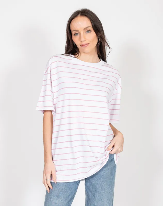 The Oversized Boxy Crew Neck Tee | Bubble Gum Stripe sold by Brunette The Label