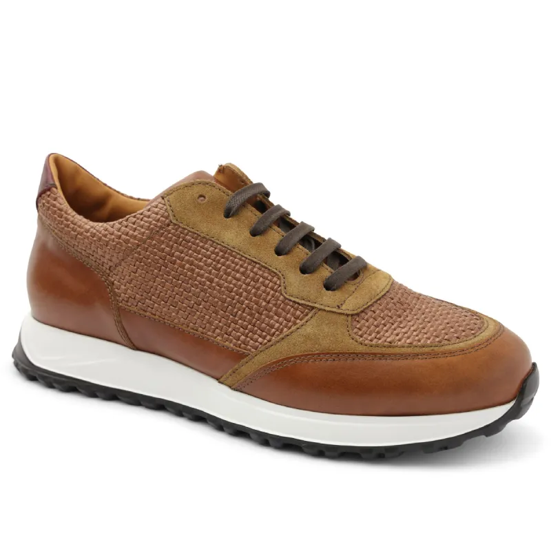 Holden Leather Raffia Lace-Up Sneaker - Cognac sold by Bruno Magli