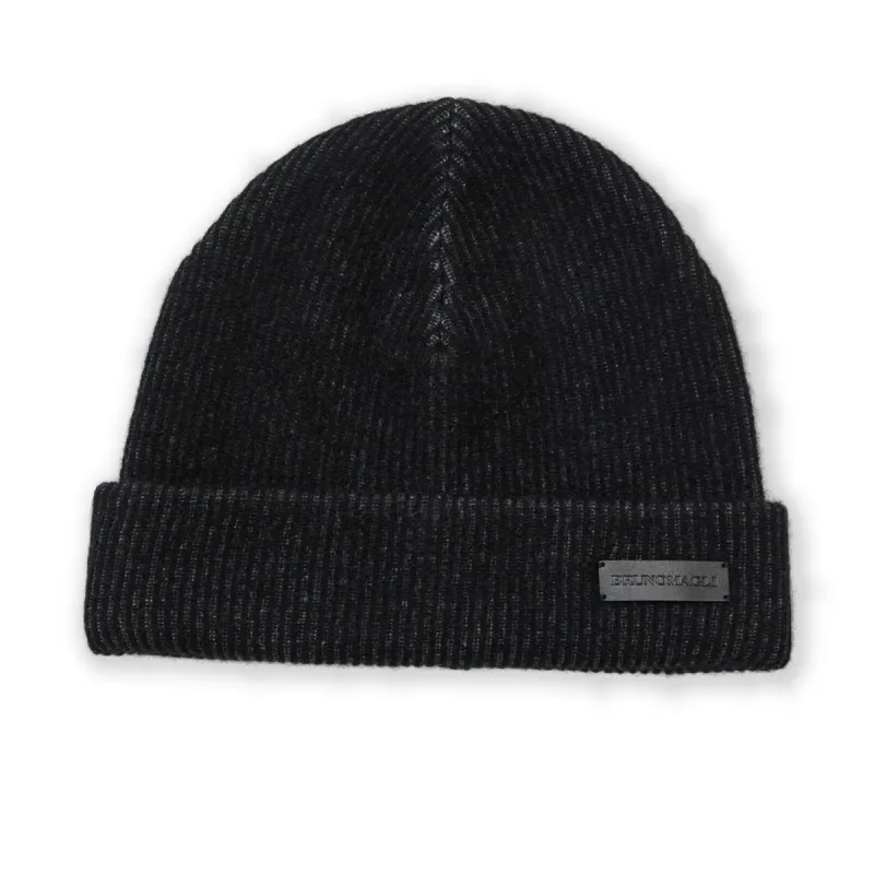 Men's Cashmere 2-tone Ribbed Hat Black sold by Bruno Magli