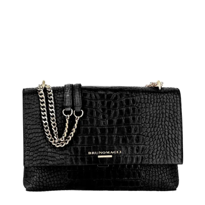 Croc-Embossed Chain Shoulder Bag - Black sold by Bruno Magli