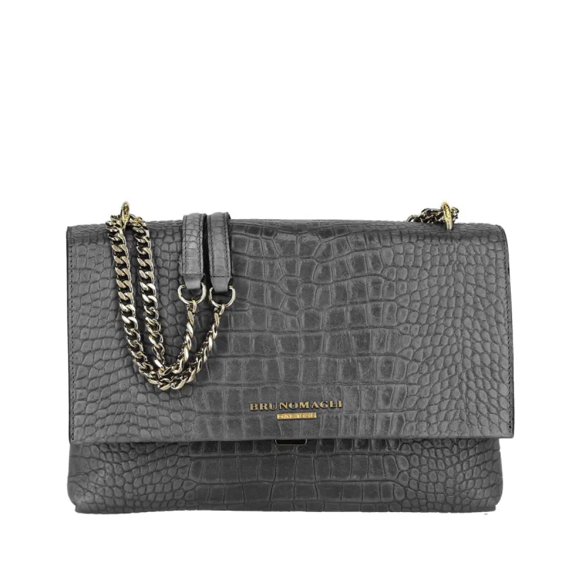 Croc-Embossed Chain Shoulder Bag - Greige sold by Bruno Magli