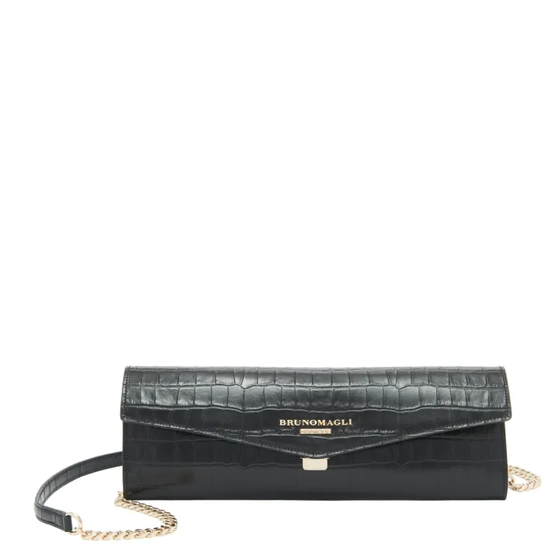 Croc-Embossed Chain Envelope Clutch - Black sold by Bruno Magli