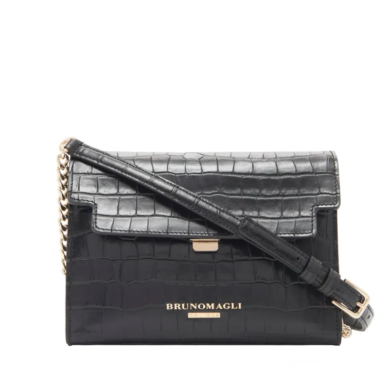 Croc-Embossed Chain Notched Crossbody Bag - Black sold by Bruno Magli