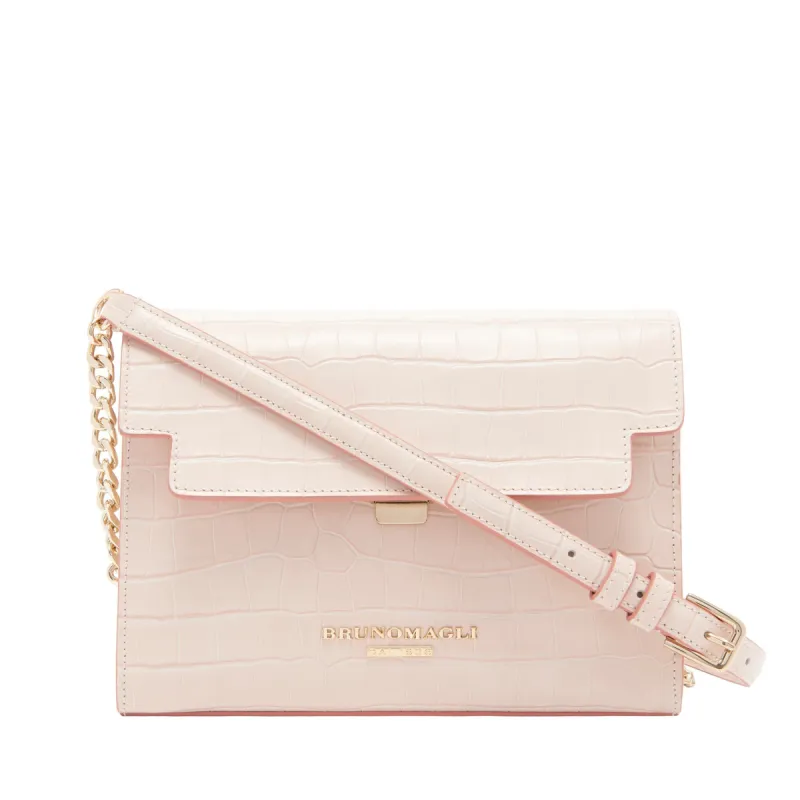 Croc-Embossed Chain Notched Crossbody Bag - Nude sold by Bruno Magli