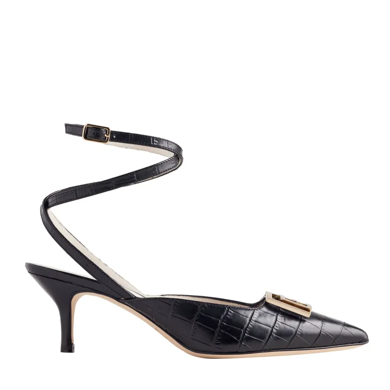 Keaton Croc-Embossed Leather Heel - Black/Gold made by Bruno Magli