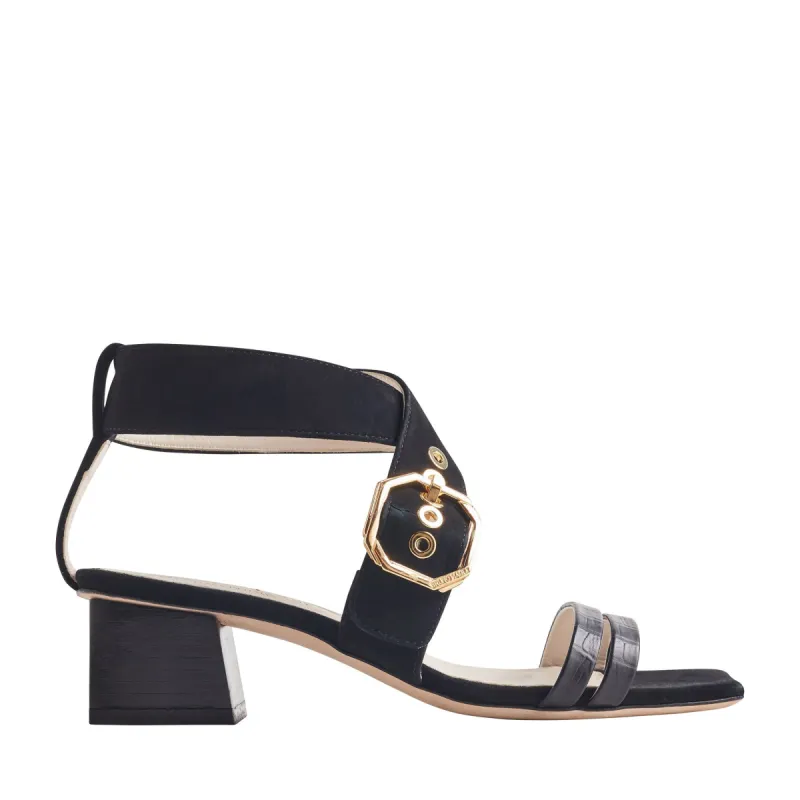 Glenda Heeled Suede Sandal with Buckle - Black sold by Bruno Magli