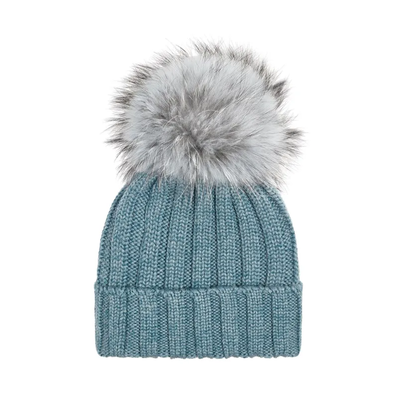 Knit Merino Wool Hat with Fur Pom - Salvia sold by Bruno Magli