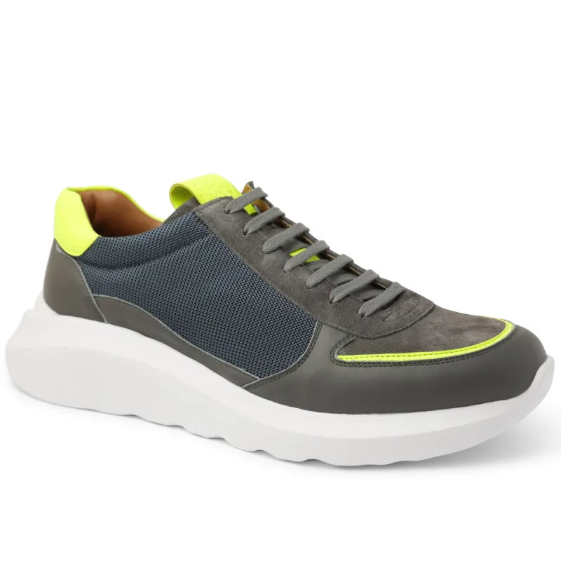 Francio Mixed-Media Leather Neon-Trim Sneaker - Grey sold by Bruno Magli