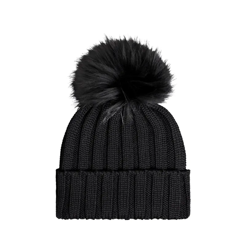 Knit Merino Wool Hat with Fur Pom - Carbon sold by Bruno Magli