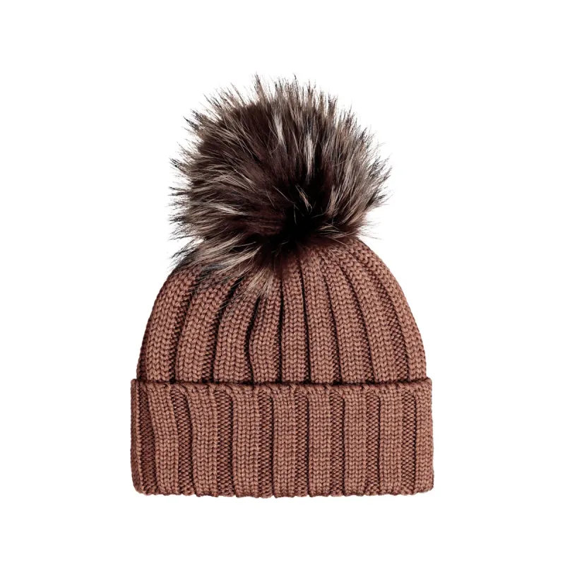 Knit Merino Wool Hat with Fur Pom - Tabaco sold by Bruno Magli