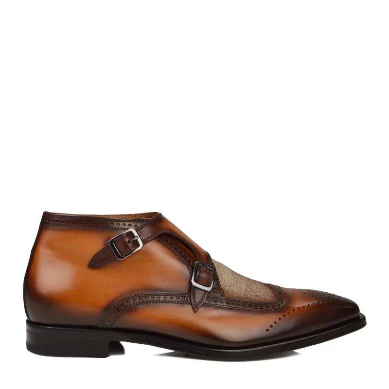 Carlo Leather & Linen Monk-Strap Ankle Boot - Cognac/Linen sold by Bruno Magli