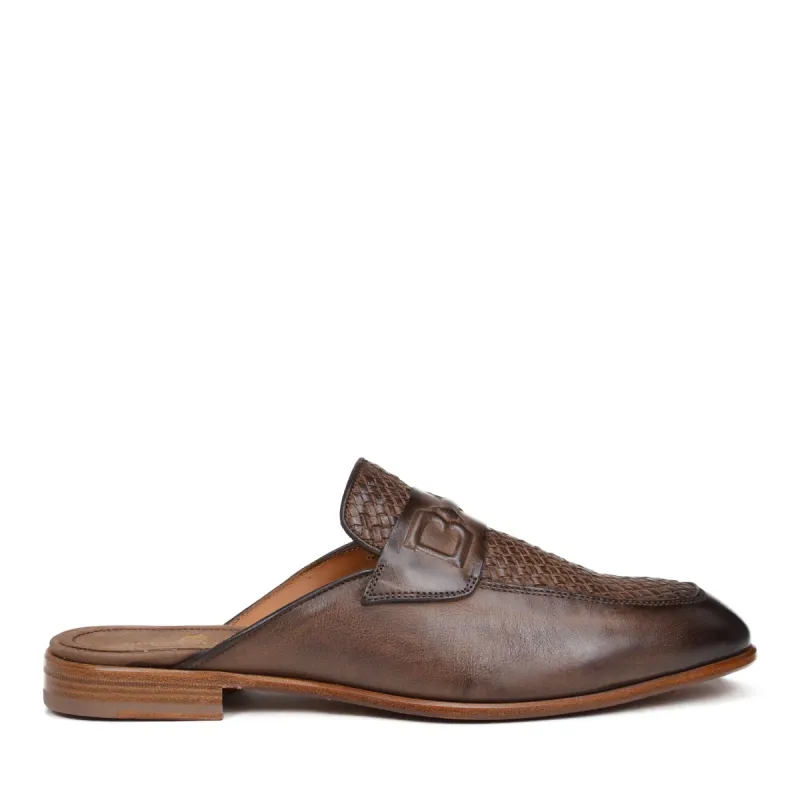 Imano Embossed Woven Leather Mule - Dark Brown sold by Bruno Magli