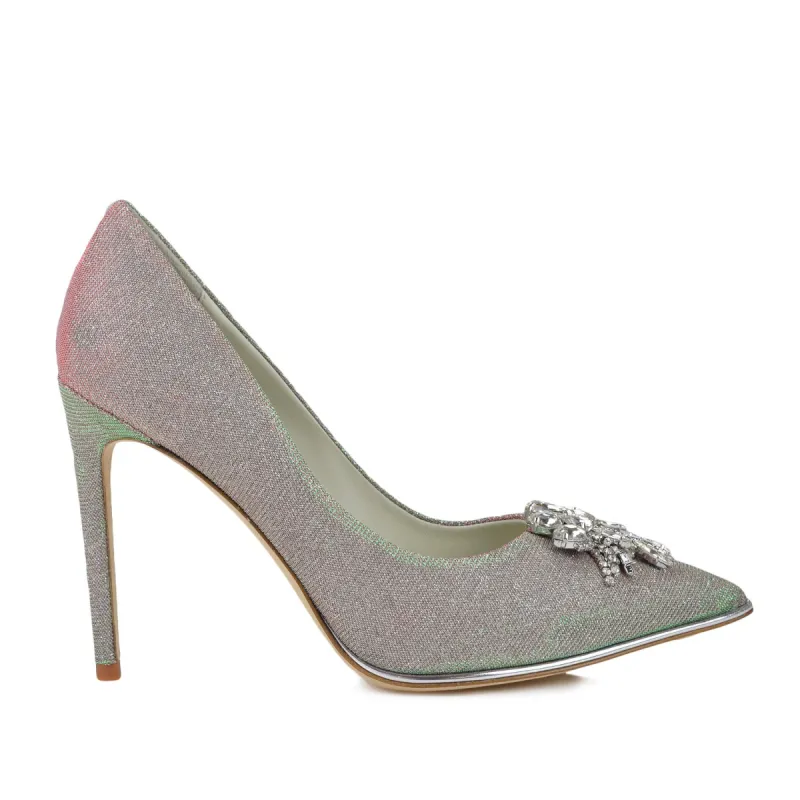 Galaxy Pump with Toe Ornament - Silver Glitter Fabric sold by Bruno Magli