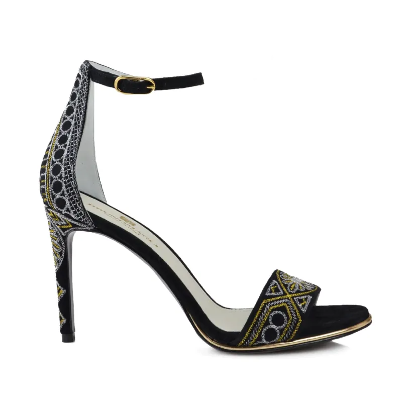 Fedora Metallic Embroidered Sandal - Black Suede sold by Bruno Magli