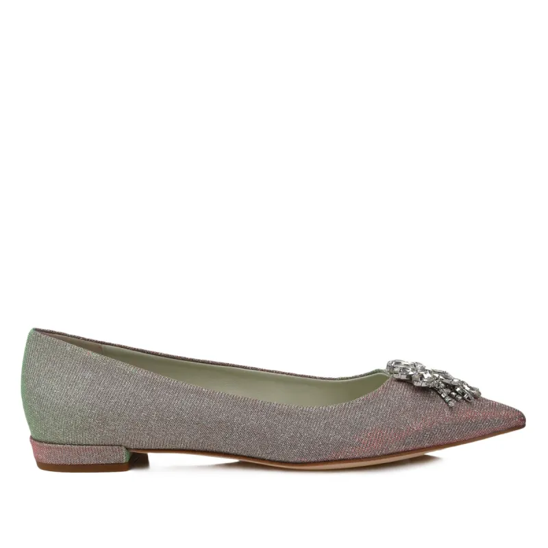 Adele Flat with Toe Ornament - Silver Glitter Fabric sold by Bruno Magli