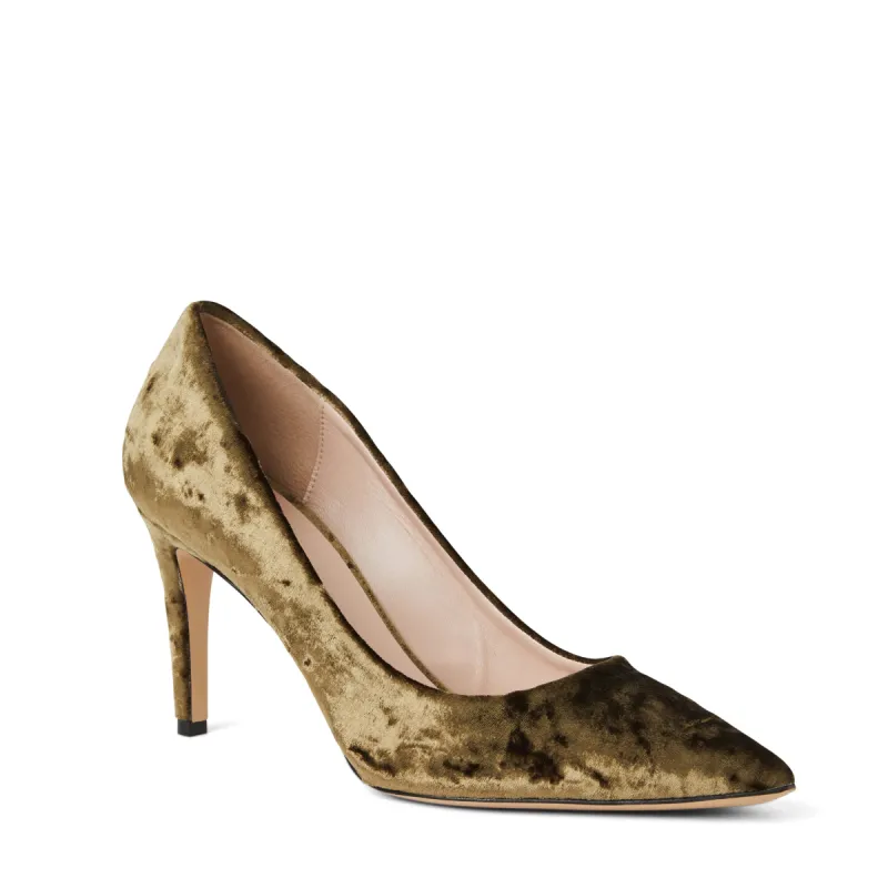 Telma Pointed Toe Pump- Olive Velvet sold by Bruno Magli
