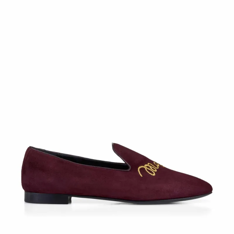 Sharon Suede Embroidered Logo Loafer - Wine Suede - Online Exclusive sold by Bruno Magli