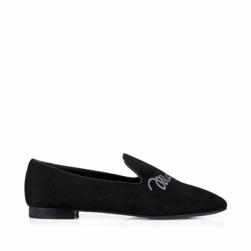 Sharon Suede Embroidered Logo Loafer - Black Suede sold by Bruno Magli