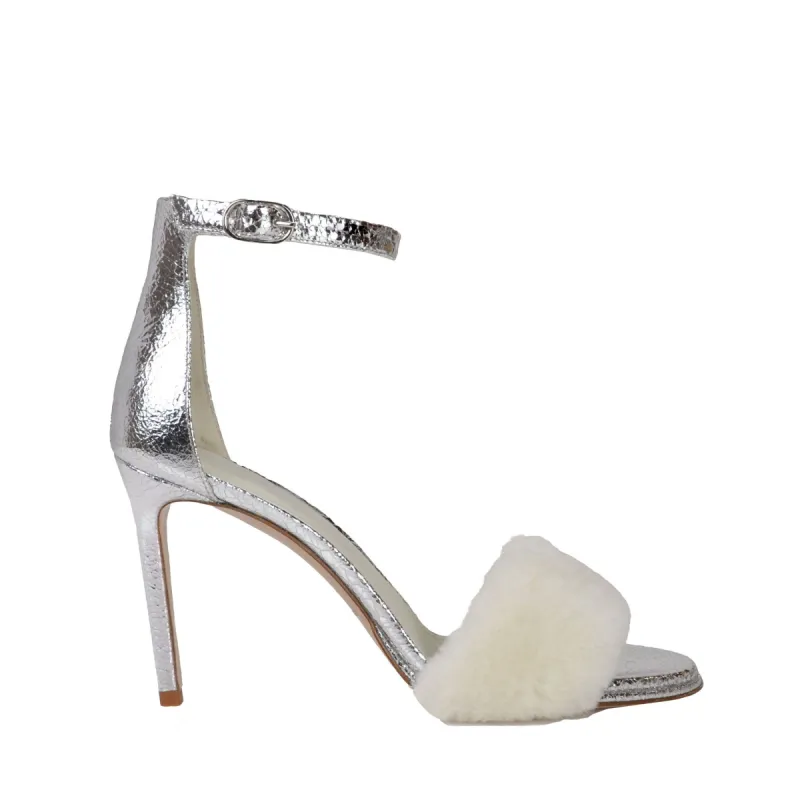Nikita Merino Shearling Heeled Sandal, 3.5-Inch - Silver Crackle made by Bruno Magli