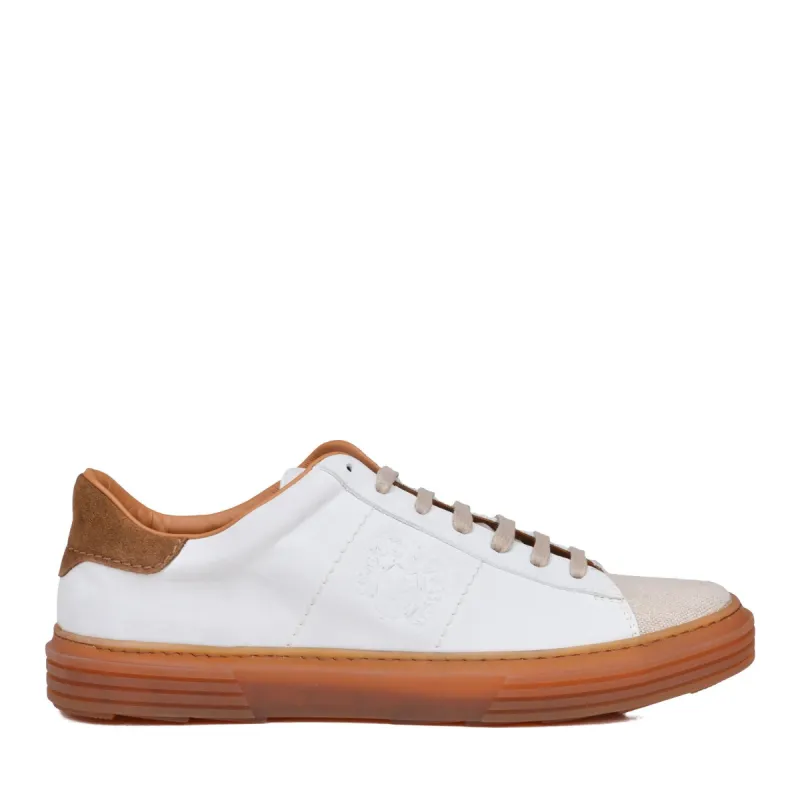Giuliano Nubuck / Linen Sneaker  - Off White/Cognac Nubuck - Online Exclusive sold by Bruno Magli