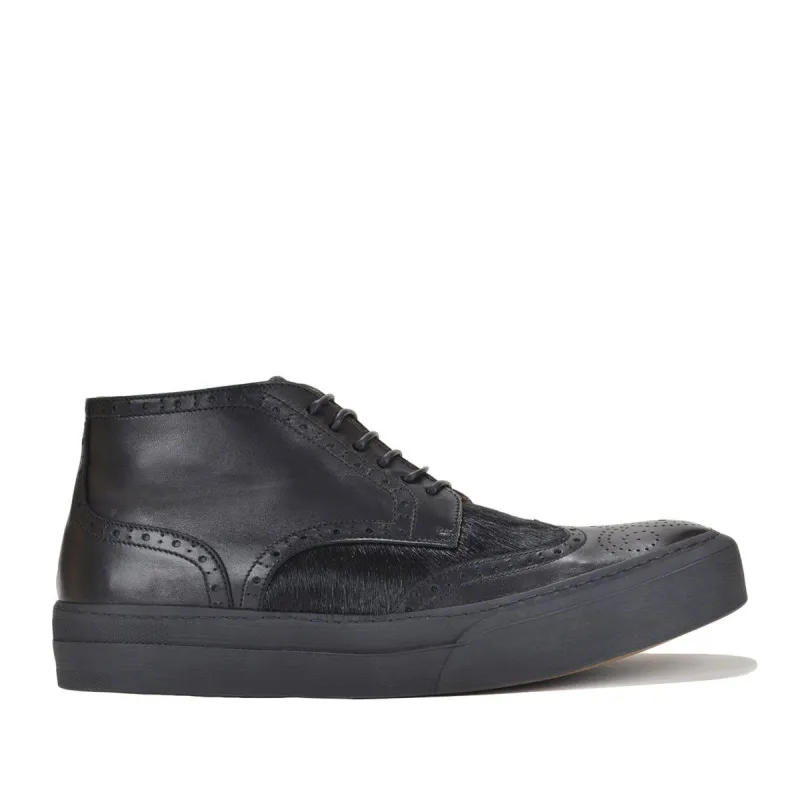 Angelo Calf/Calf Hair Sneaker - Black Leather/Black Calf Hair sold by Bruno Magli