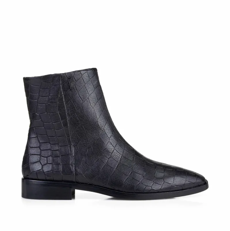 Carlotta Croc-Print Leather Flat Ankle Boots - Black Croc-Print Leather sold by Bruno Magli