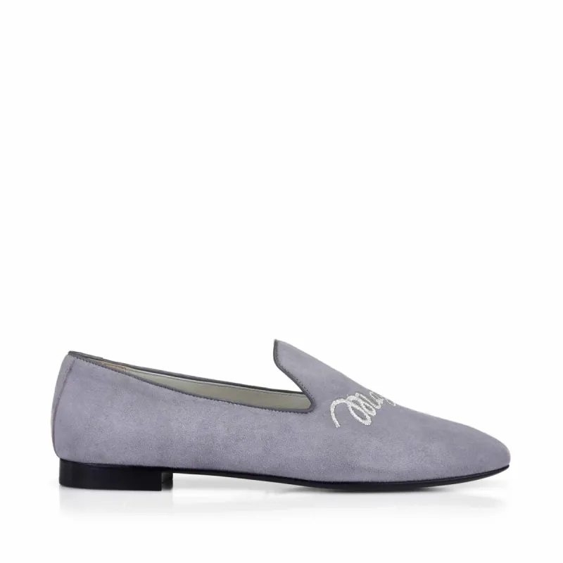 Sharon Suede Embroidered Logo Loafer - Grey Suede sold by Bruno Magli