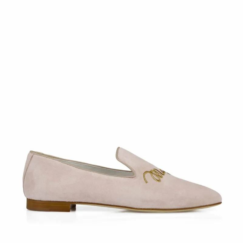 Sharon Suede Embroidered Logo Loafer - Cream Suede sold by Bruno Magli