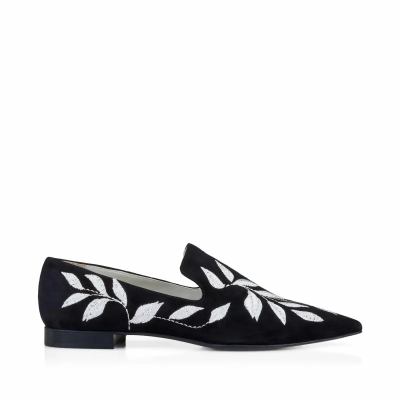 Flavia Embroidered Slip-On Loafer - Black Suede sold by Bruno Magli