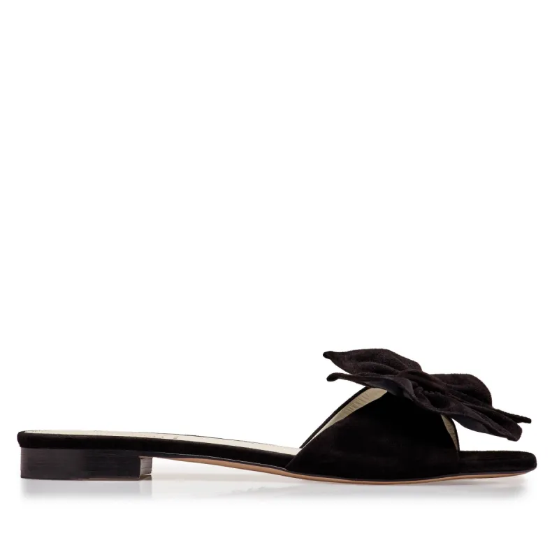 Dory Suede Soft Bow Flat Slide - Black Suede sold by Bruno Magli