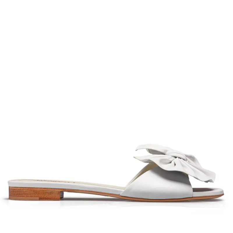Dory Leather Soft Bow Flat Slide - White Leather sold by Bruno Magli