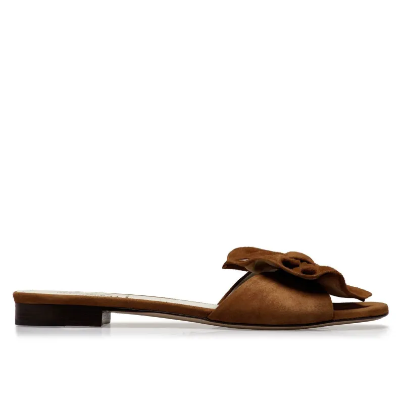 Dory Suede Soft Bow Flat Slide - Cognac Suede sold by Bruno Magli