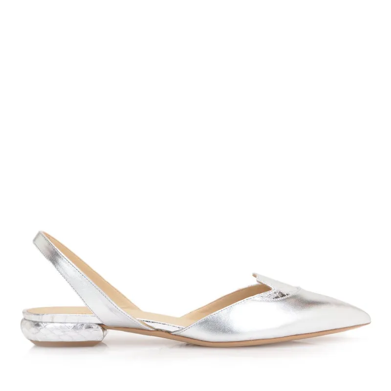 Aleta Leather/Snake Flat, 1-inch - Silver Leather/Snake sold by Bruno Magli