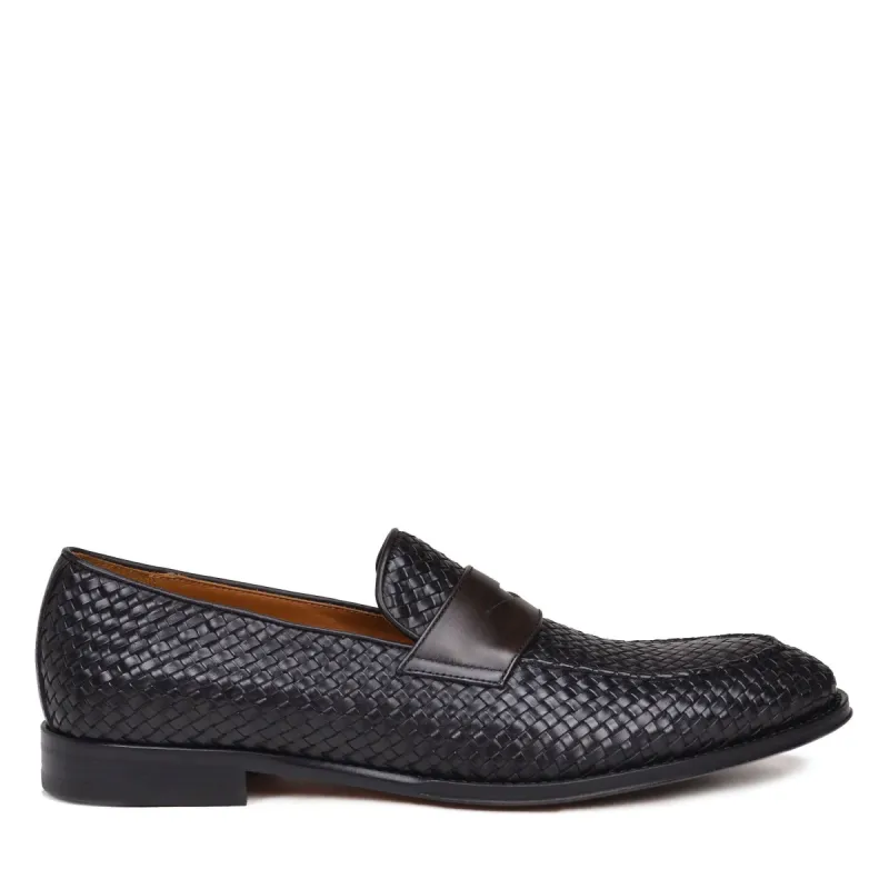 Fanetta Woven Leather Penny Loafer - Black/Dark Brown Woven Leather sold by Bruno Magli