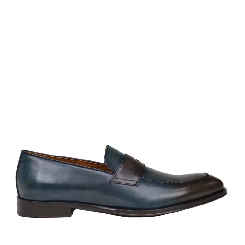 Fanetta Two-Tone Leather Penny Loafer - Blue/Dark Brown Leather sold by Bruno Magli