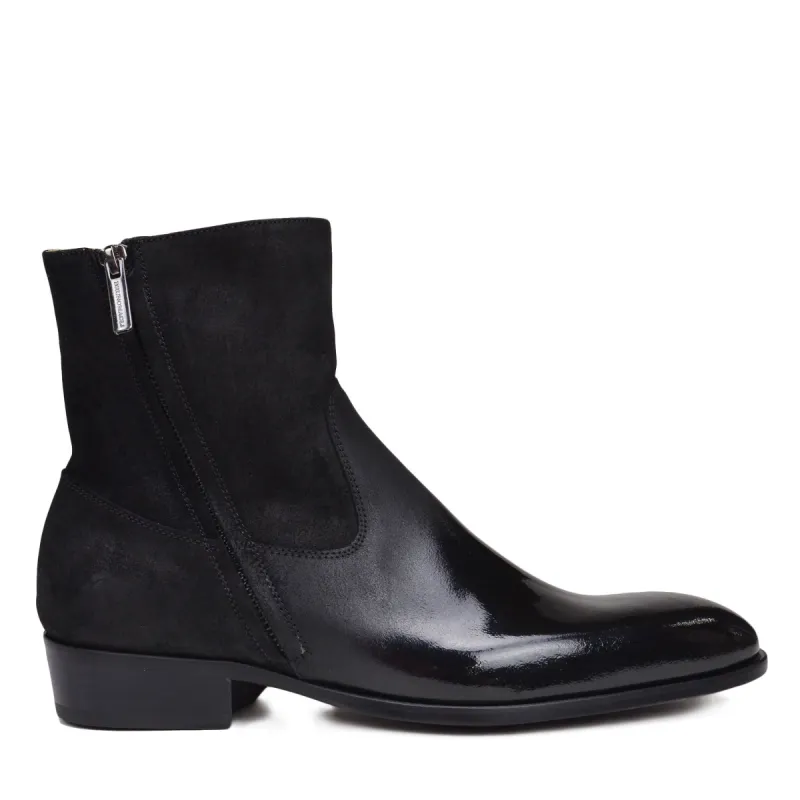 Risoli Suede & Patent Leather Boot - Black Suede/Black Patent Leather sold by Bruno Magli