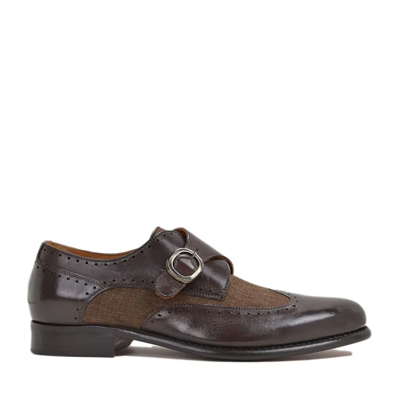 Collezione Adalardo Monk-Strap - Dark Brown Leather/Linen sold by Bruno Magli