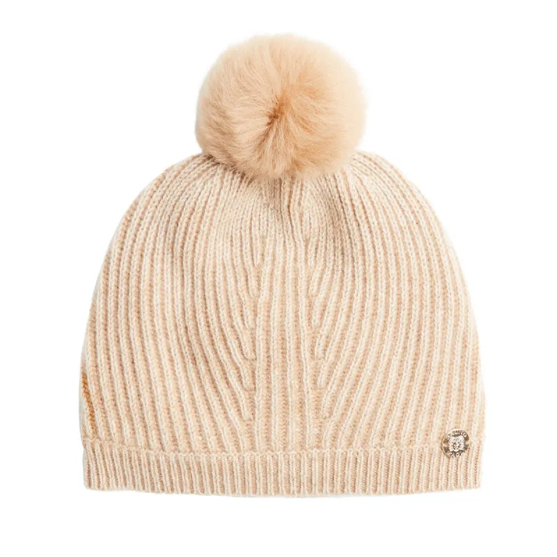 Women's Ribbed Cashmere & Shearling Pom Beanie - Camel sold by Bruno Magli