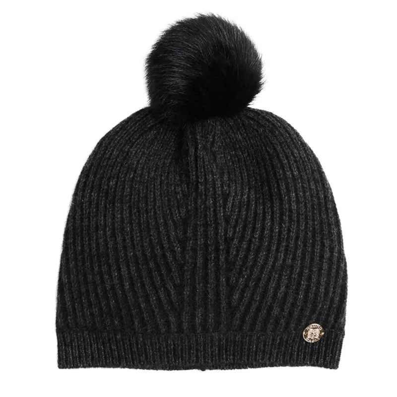 Women's Ribbed Cashmere & Shearling Pom Beanie - Black sold by Bruno Magli