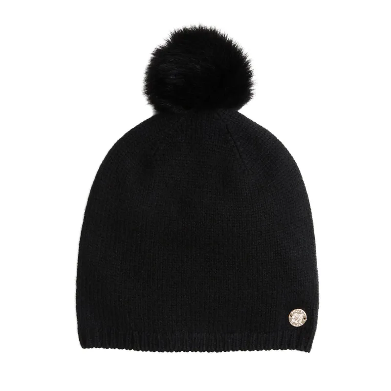 Women's Cashmere Jersey Slouch Hat with Shearling Pom - Black sold by Bruno Magli