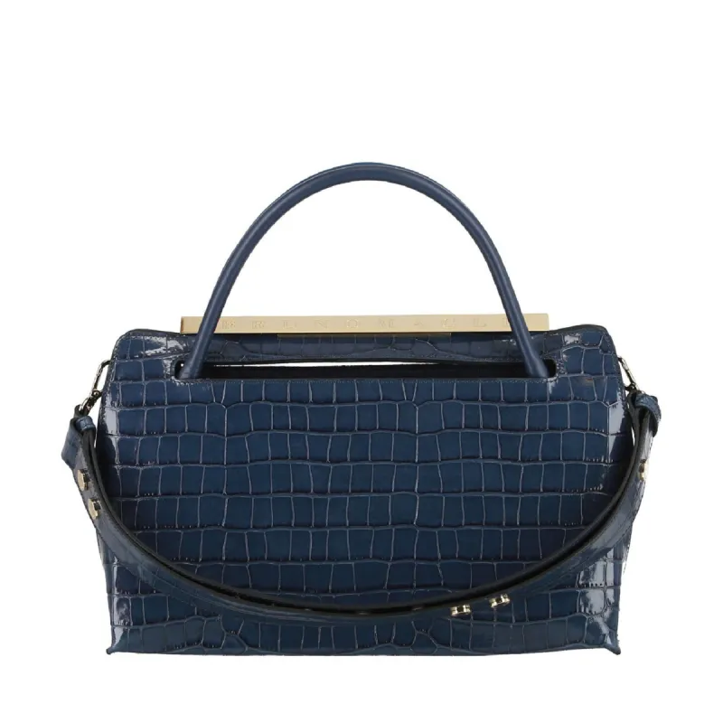 Bar Croc-Embossed Goat-Leather Satchel - Navy sold by Bruno Magli