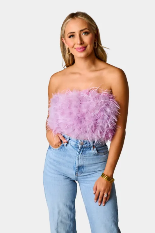 Fancy Strapless Feather Crop Top - Lavender sold by Buddy Love