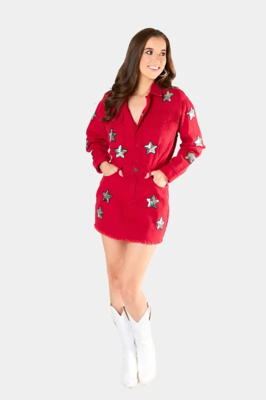 Raelynn Denim Mini Dress - Red sold by Buddy Love