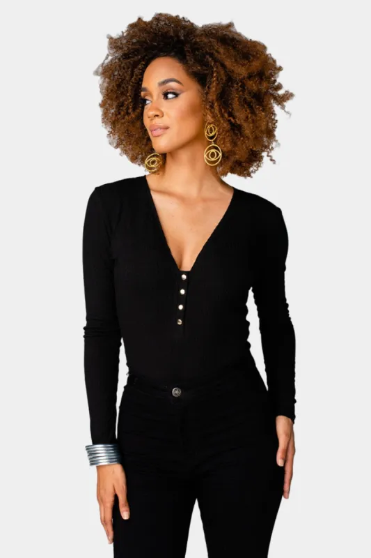 Alexa Button Front Ribbed Bodysuit - Black sold by Buddy Love