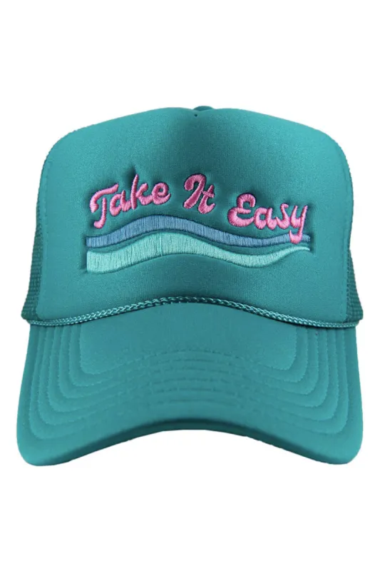 Take it Easy Embroideed Trucker Hat - Deep Teal sold by Buddy Love