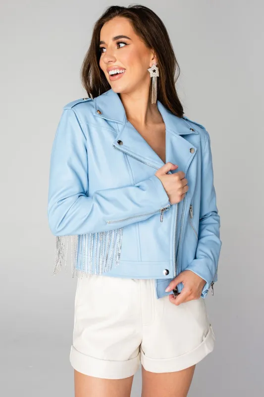 BuddyLove Rife Crystal Fringe Vegan Leather Jacket - Baby Blue made by Buddy Love