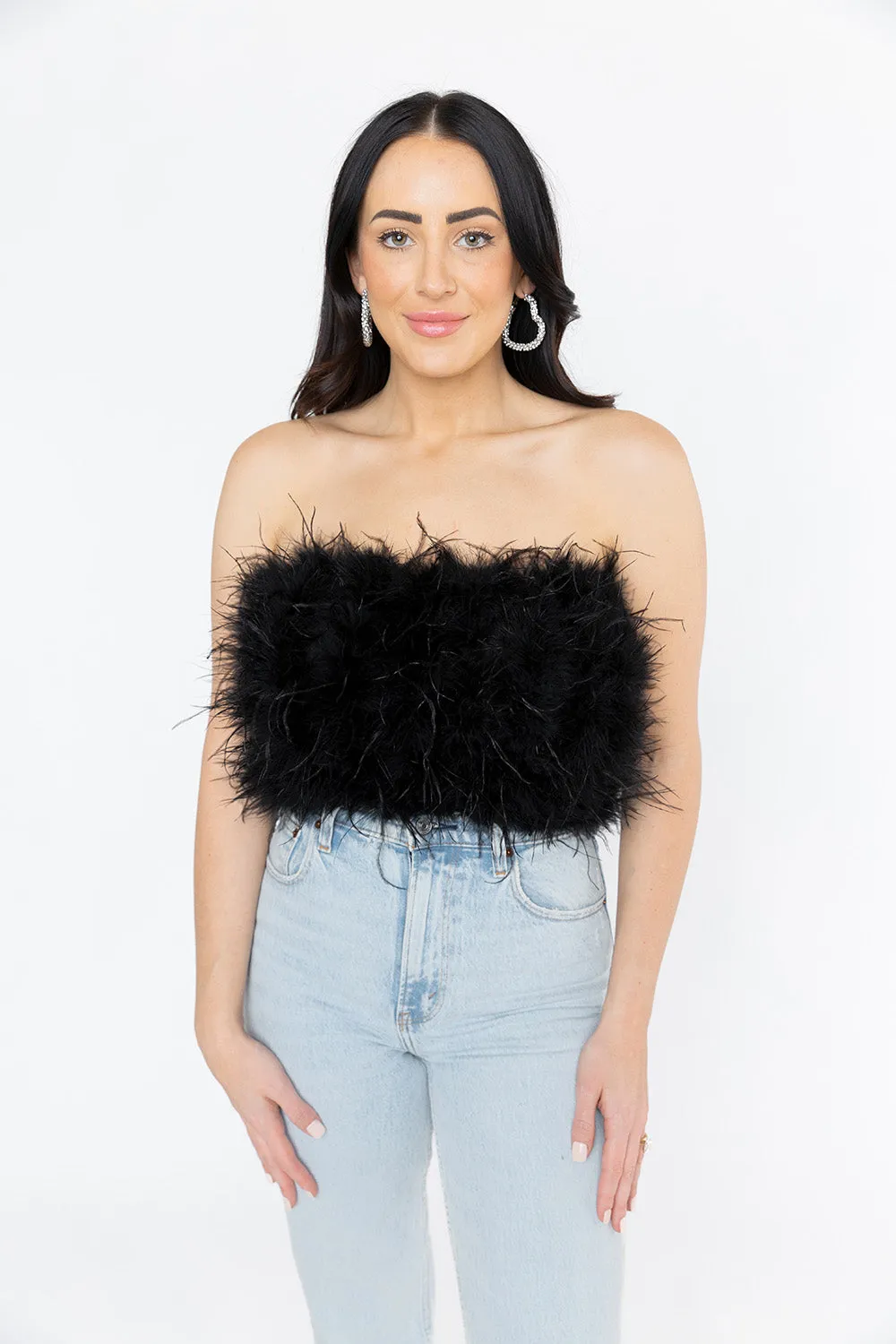 Fancy Strapless Feather Crop Top - Black sold by Buddy Love