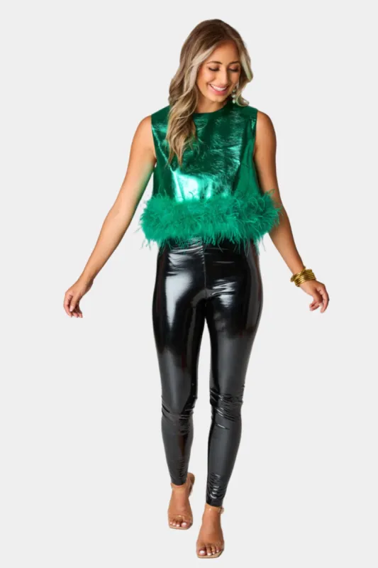 Queenie Metallic Feather Trim Top - Emerald sold by Buddy Love