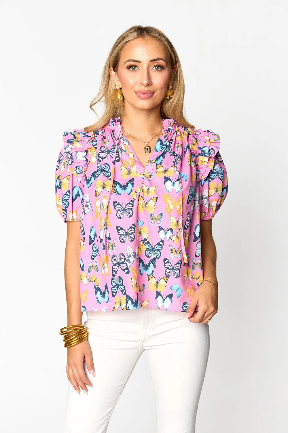 Essie Ruffle Short Sleeve Top - Feelin' Butterflies sold by Buddy Love