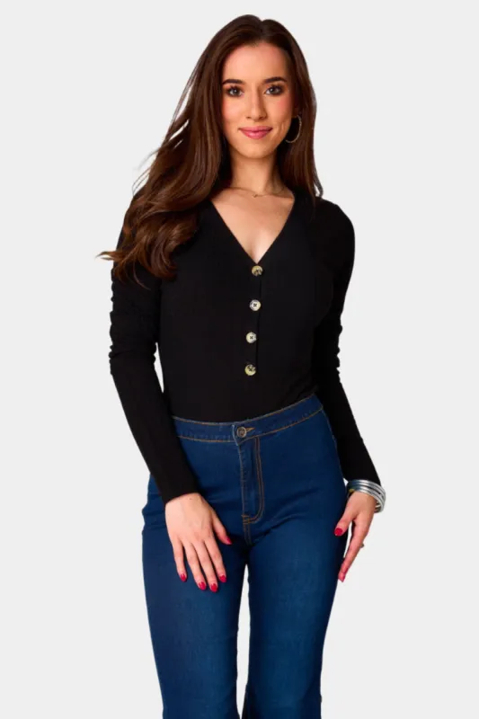 Holly Long Sleeve Button Up Bodysuit - Black sold by Buddy Love